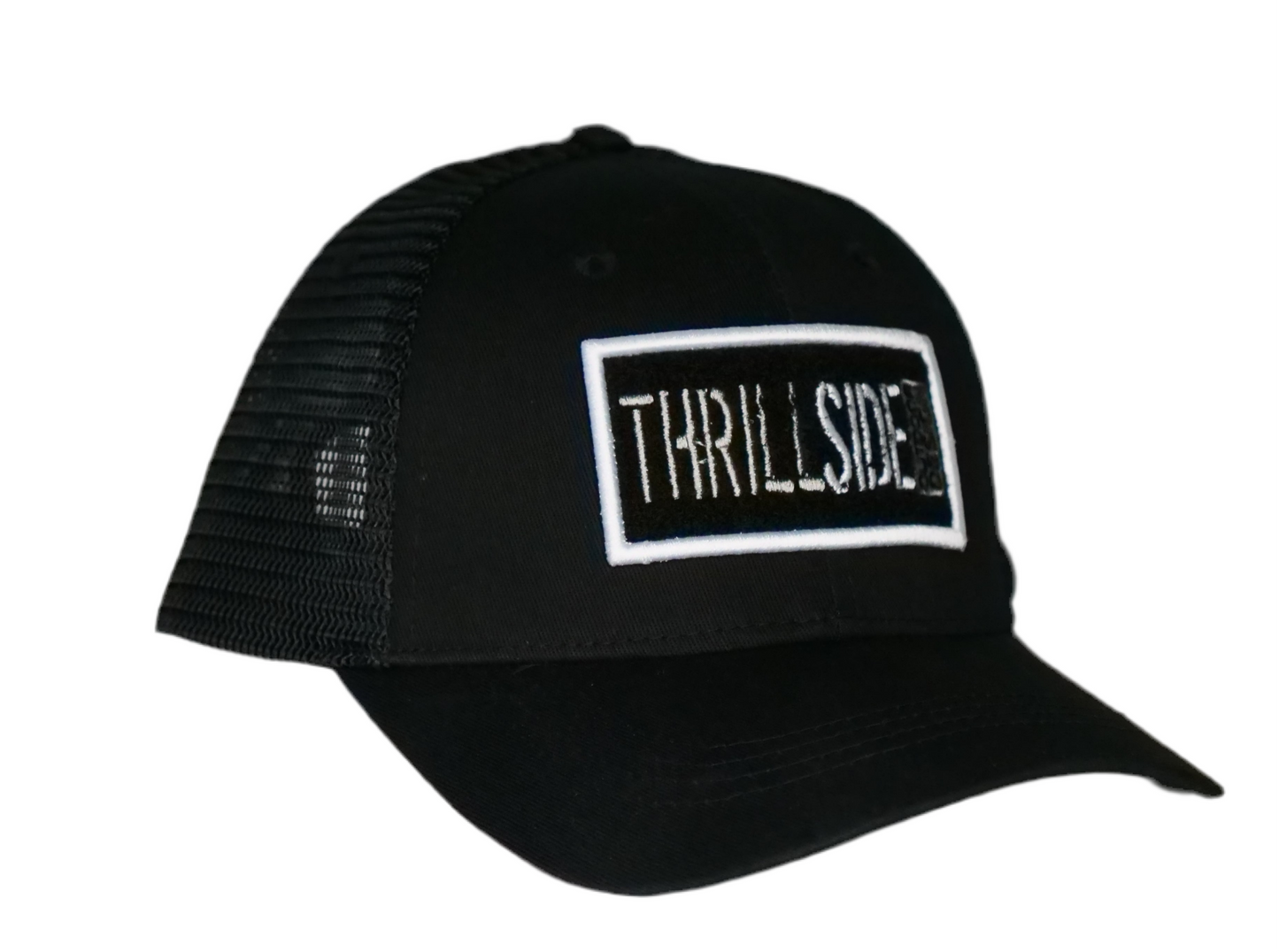 Black Thrillside Trucker hat against a white background