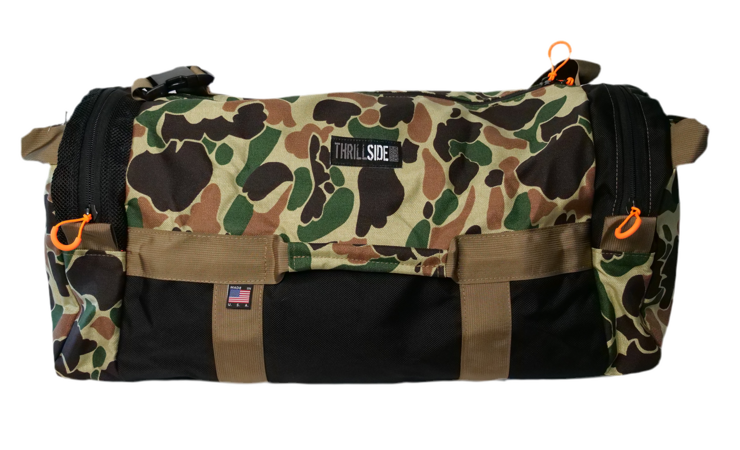 Duck Hunter Camo Burner Bag Duffel against a white background with Thrillside Patch