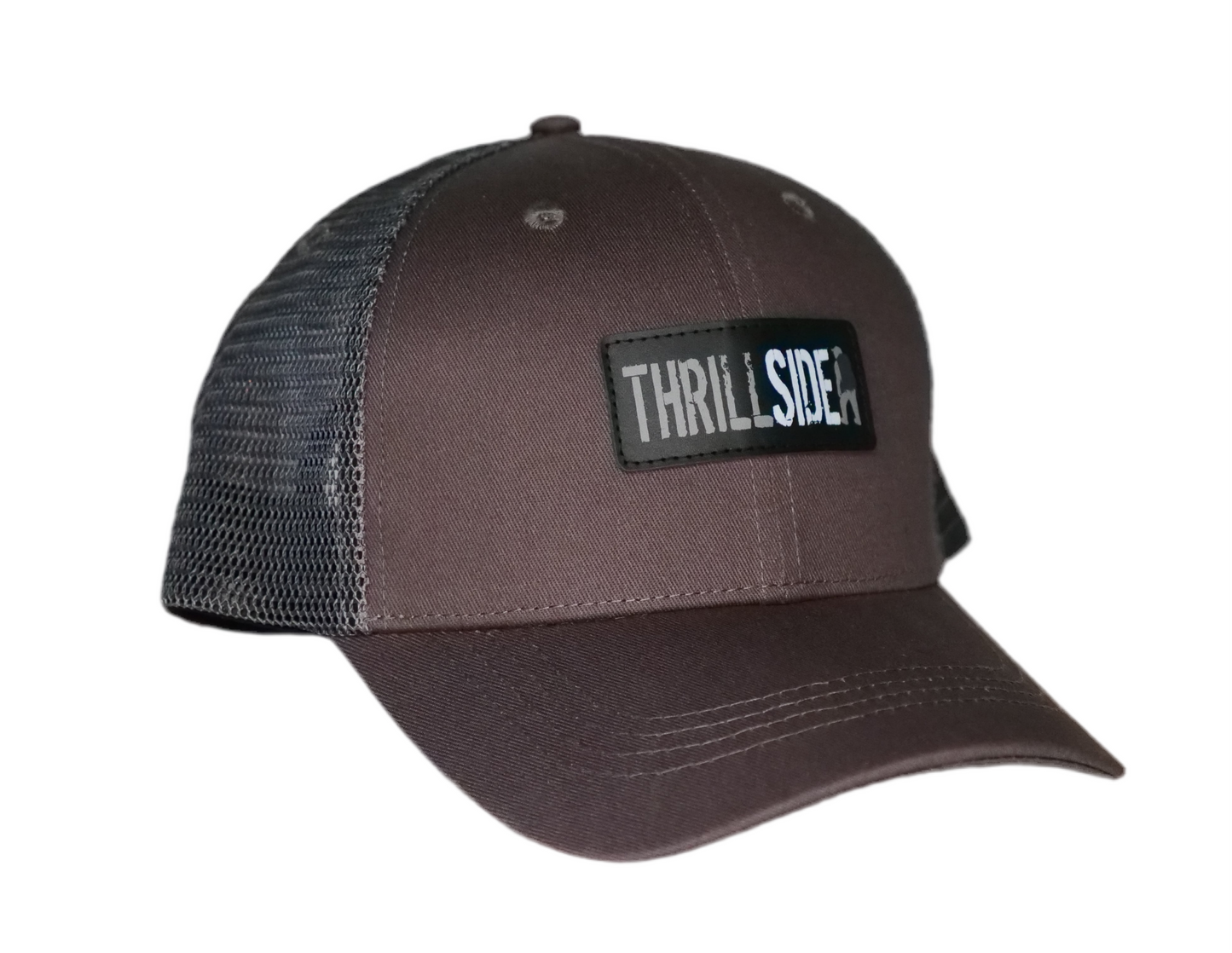 Gray Thrillside Trucker hat against a white background