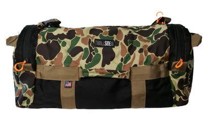 Duck Hunter Camo Burner Bag Duffel against a white background with Thrillside Patch